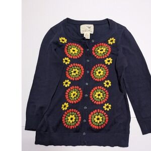 Anthropologie Tabitha Navy Blue Floral Embroidered Button Front Cardigan XS